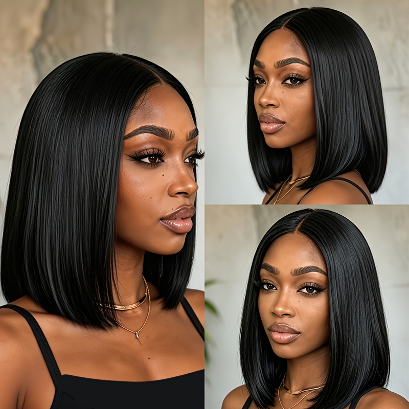 Image of 13x4 Lace Front Wig Human Hair Black Short Bob Straight Hair Brazilian Hair Wig For Women 13x4 Transparent Lace Black Color For Daily Wear And Party