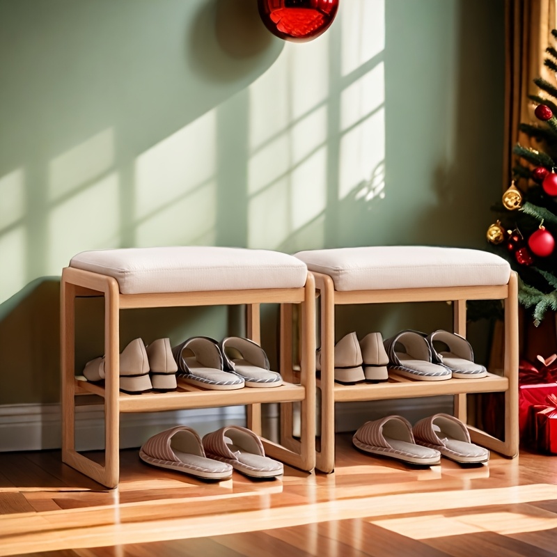 

Natural Solid Wood Shoe Bench, Wood Storage Rack Organizer