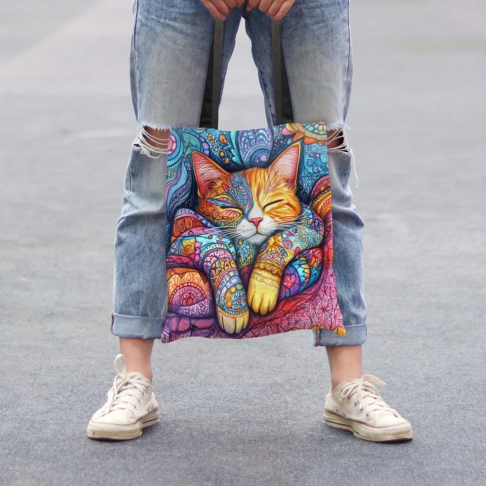 

1pc Artistic Cat Polyester Tote Bag, , Lightweight Shoulder Handbag For Women, Unlined, No-closure, For Work, School, Shopping, 13.4x15.7 Inches