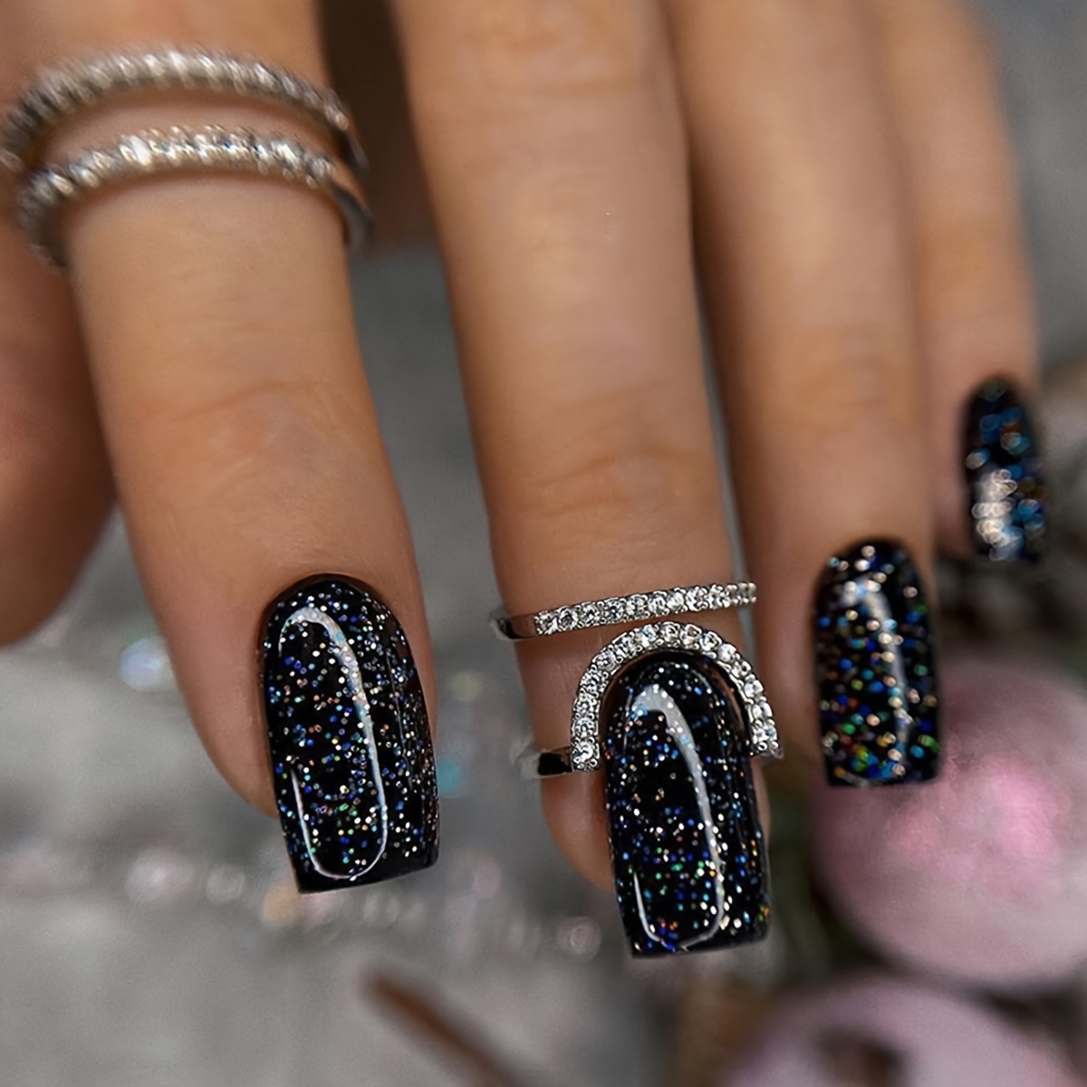 Image of 24pcs Medium Length European Square Glitter Nail Tips And 1pc File And 1pc Jelly Self-adhesive