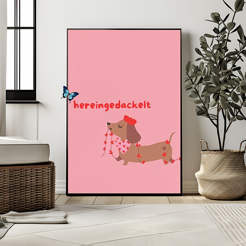 E-shop 2D Flach, 1 Stück Niedliches Dackel-Hundeposter – Vertikales rahmenloses Leinwandbild, Entzückende rote & pinke Haustierkunst geeignet für