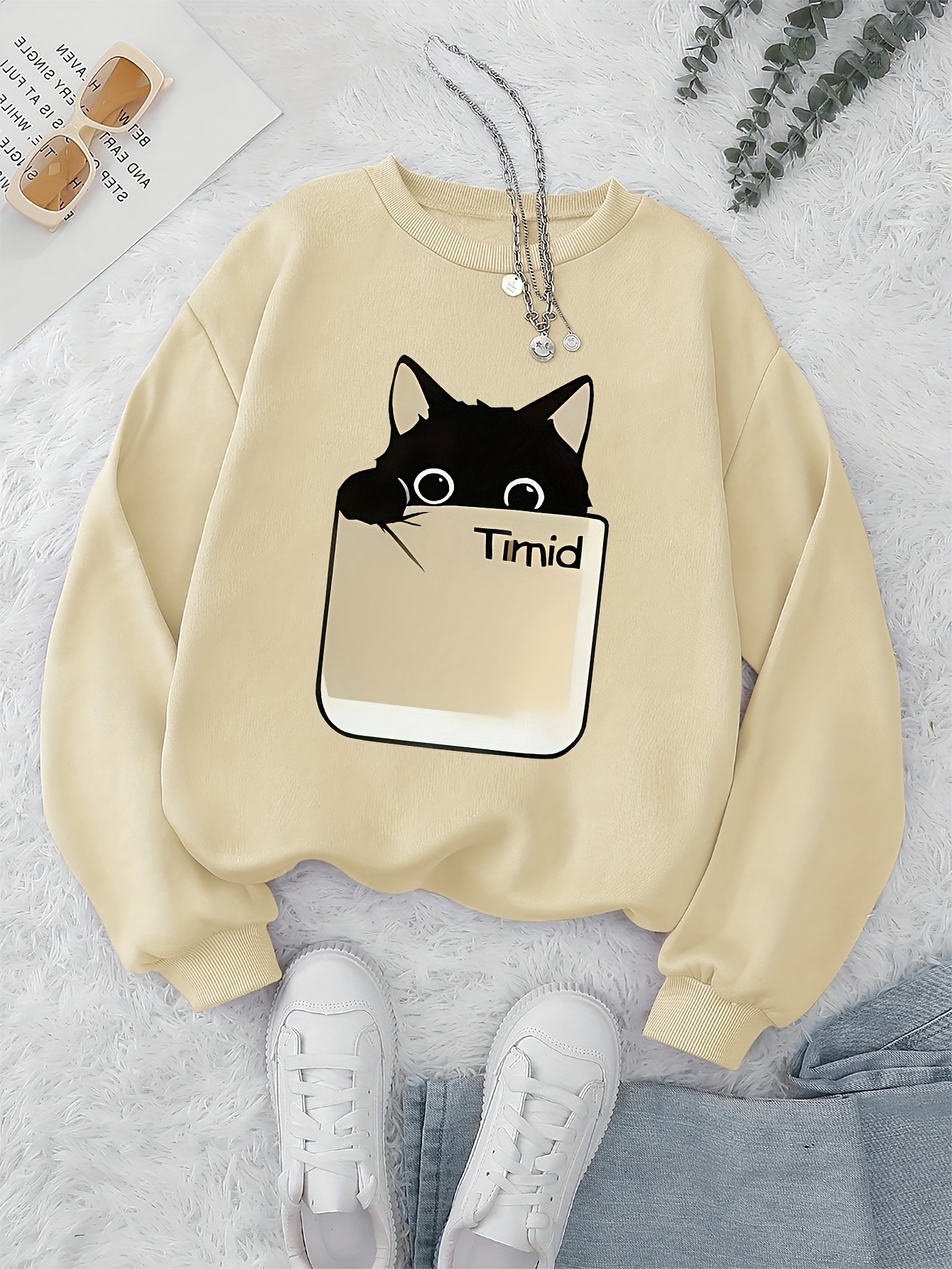 womens cozy crew neck sweatshirt with adorable black cat timid print soft beige pullover for fall winter casual style casual winter wear playful graphic sweatshirt construction cat sweatshirt apricot 0