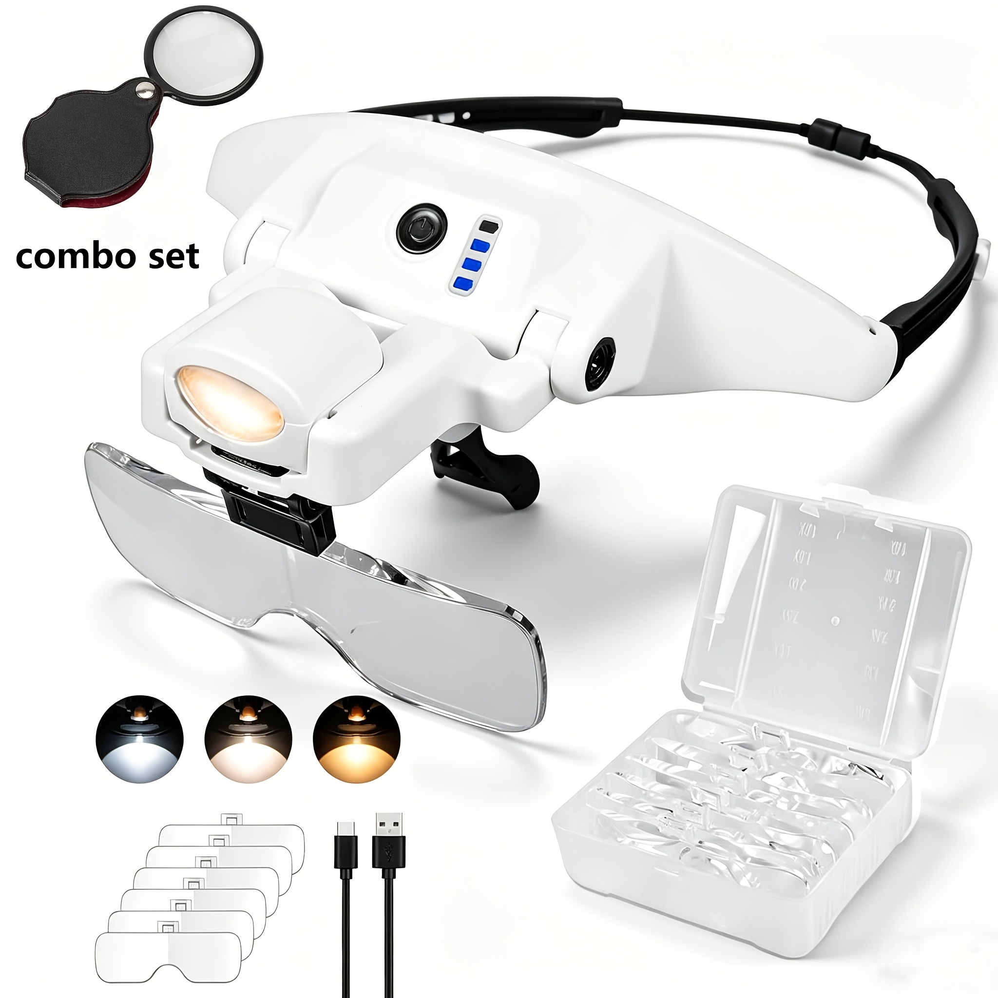 Image of Head-mounted Led Magnifying Glass, 1x-4x Magnification, 6 Interchangeable Magnifying Lenses, Three-color , Suitable For Reading, Watch Repair, Crafts, Engraving, And Embroidery