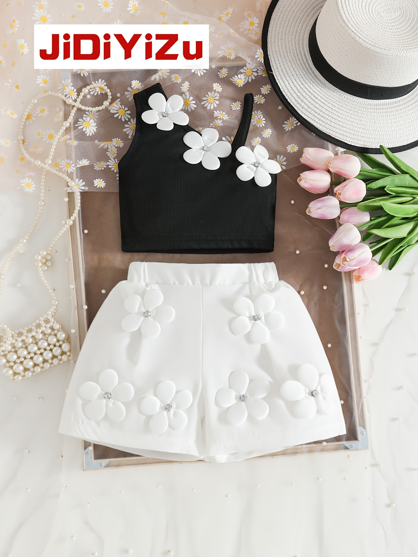 girls   white flower embellished off shoulder top and 3d flower embellished shorts 2pcs set   outdoor