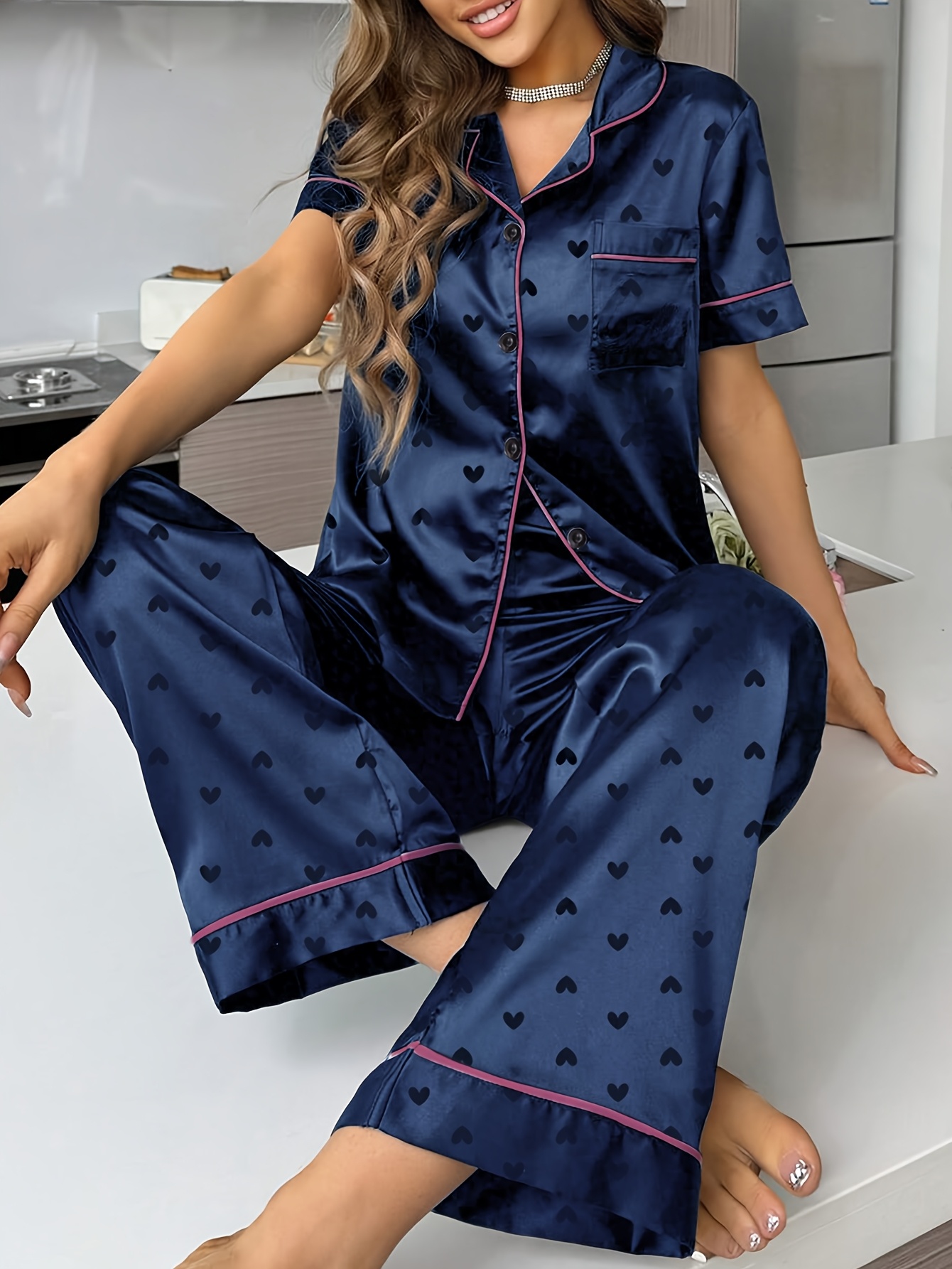 2026 Women'S Navy Blue Satin Pajama Set with Heart Pattern - Short Sleeve, Button-Up, Wide-Leg Lounge Wear, All-Season Comfort, Casual Sleepwear|Elegant Sleepwear|Polyester Fabric Game Day Pajamas, Football Fan Gear, Perfect for All Fans on Match Day