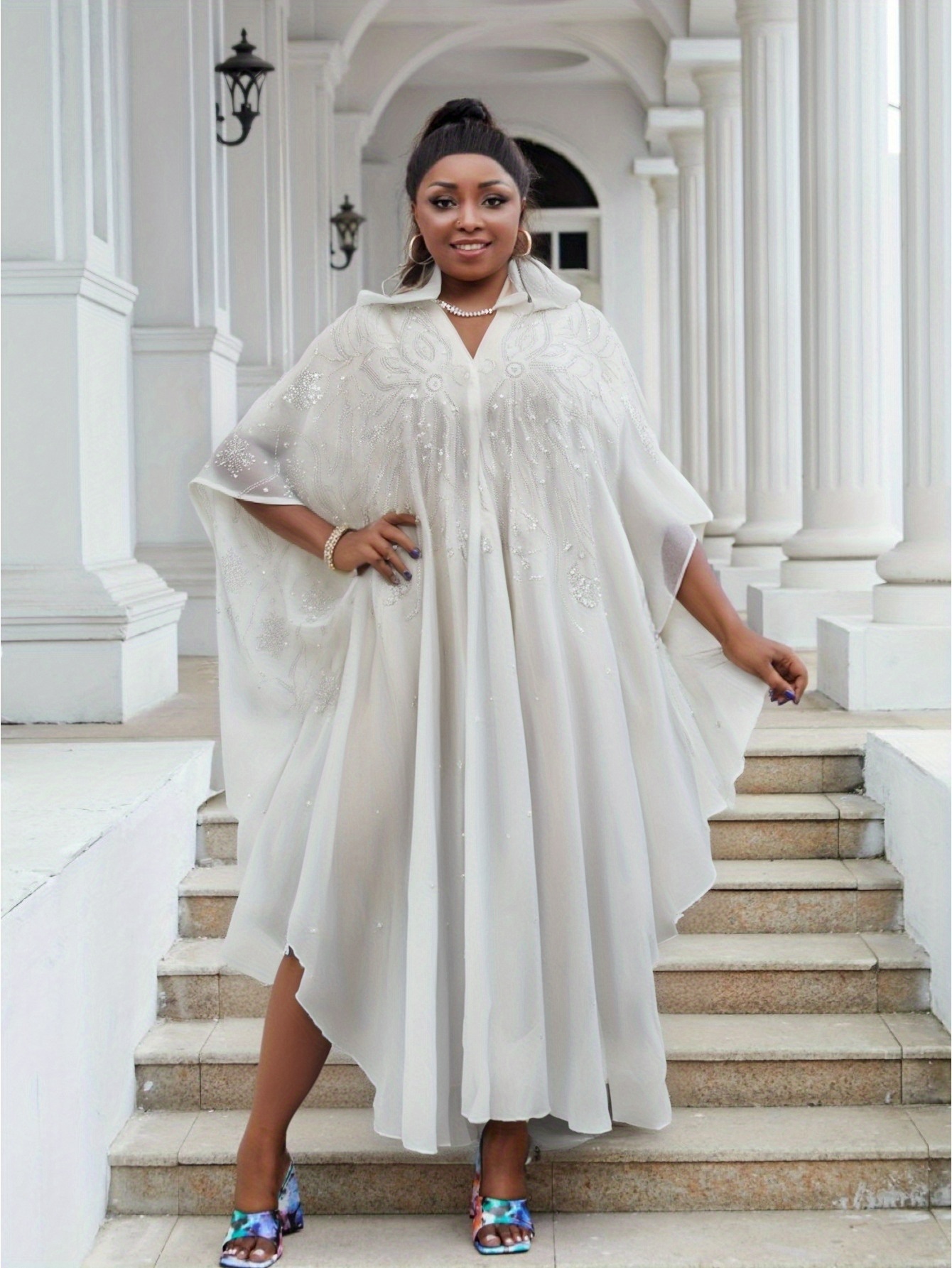 white christmas dresses Ivory white cape dress with gold feathers main image 0