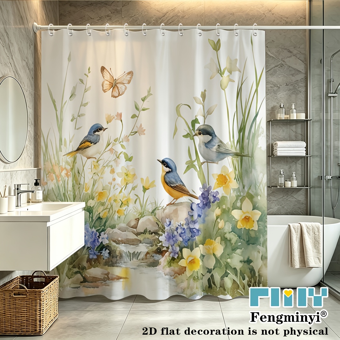 TEMU Rideau de douche plat 2D, 2D plat, 2D plat, 1 pièce, rideau à thème jardin de printemps avec oiseaux aquarelle, motif ballon et papillon, tissu