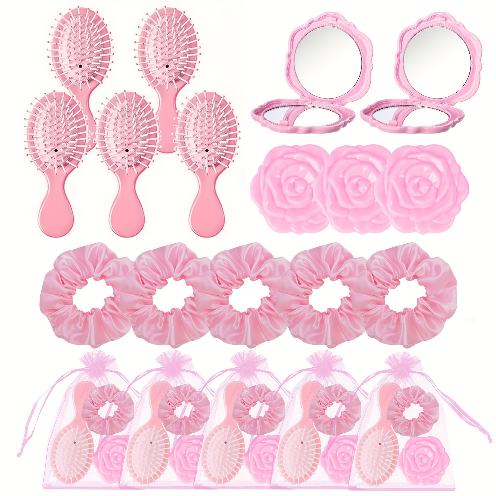 

20-piece Pink Hair & Beauty Party Favor Set - Plastic Hairbrush, Round Pocket Mirror, Hair Ties & Organza Bags - No Electricity Needed Accessories Kit For Weddings, Birthdays, Makeup Parties