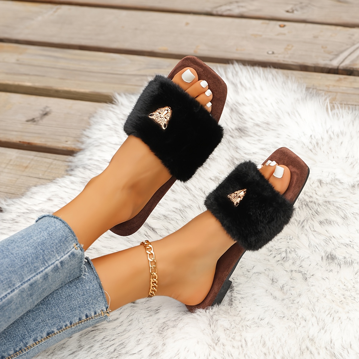 TEMU Korean Style Plush Slide, Women's Home Slippers, Flat Non-slip Casual Lazy Slides, Women Shoes