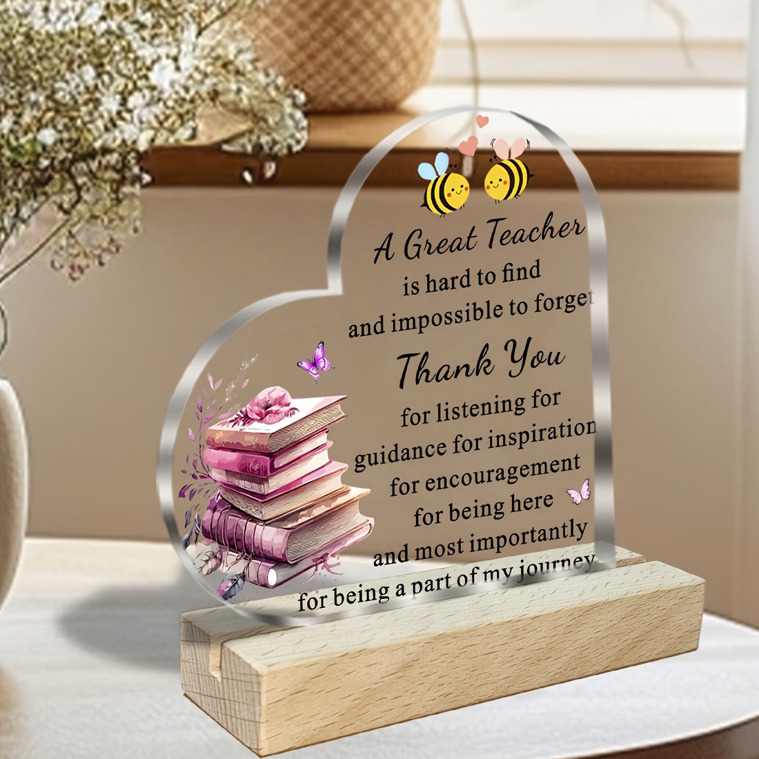 1pc of heart shaped acrylic plaque with wooden base female teacher gift heart shaped acrylic plaque teacher gift thank you teacher student teacher gift year end   gift decorative plaques and ornaments statues 0