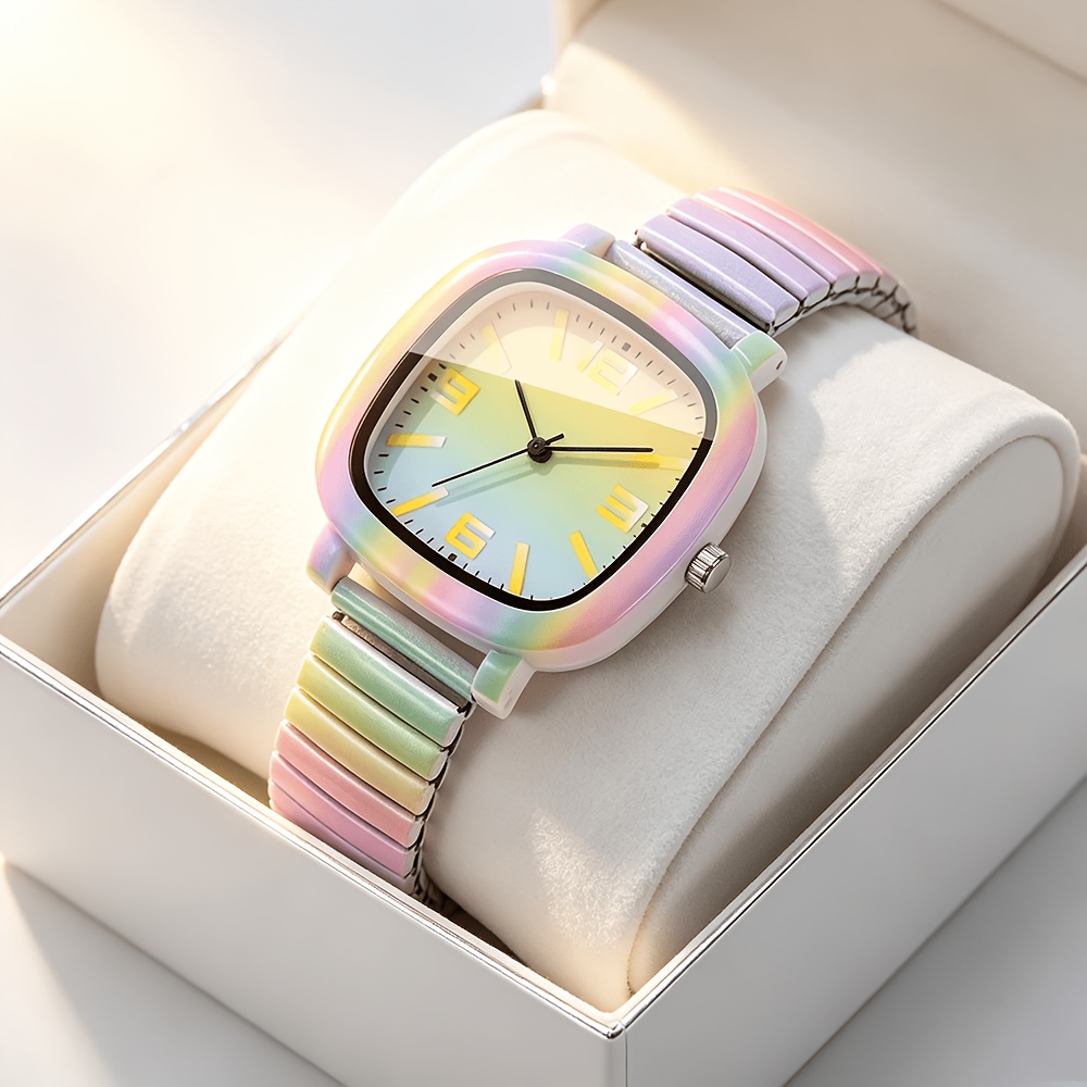 Image of Ladies' Square Gradient Quartz Watch With Elastic Stretch Band, Gradient Color Dial, Niche Design Wristwatch, Exquisite Gift For Girlfriend, 1pc/set, Watch Box Not Included