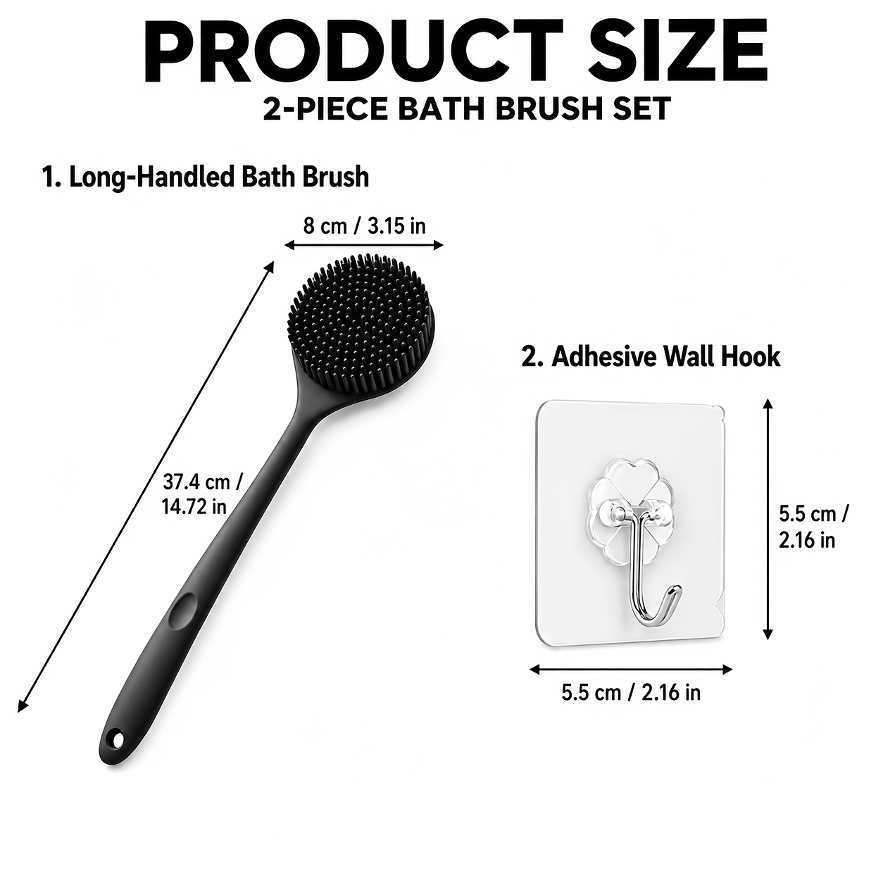 2pcs Silicone Long-Handle Bath Brush Set with Hook