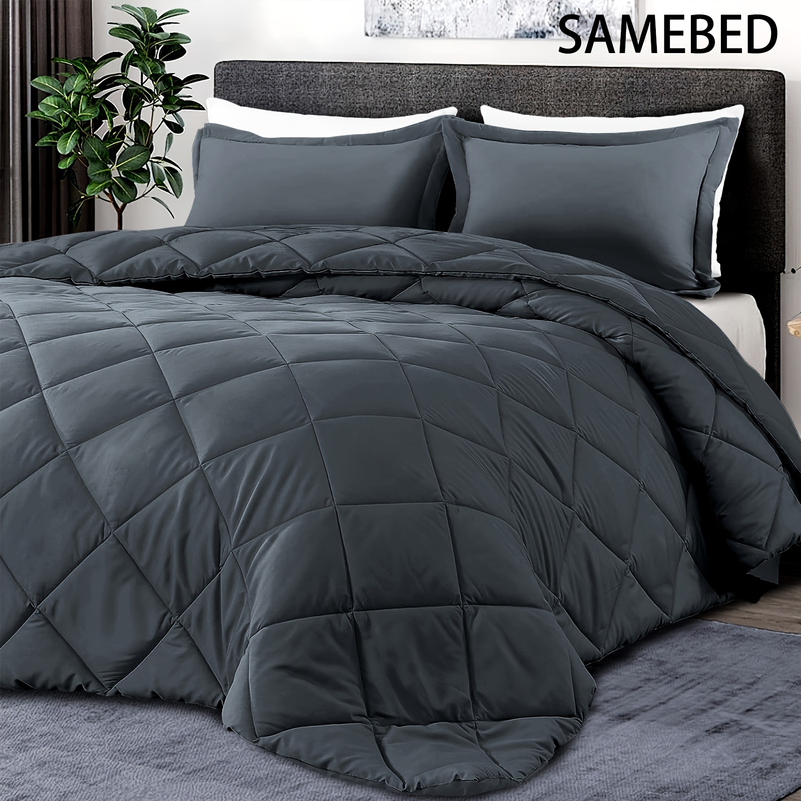 

Samebed 300gsm Queen Size Comforter Set With Pillow Shams - Down Alternative Bed Comforters Bedding Sets For All Season - Lightweight - Machine Washable - Grey