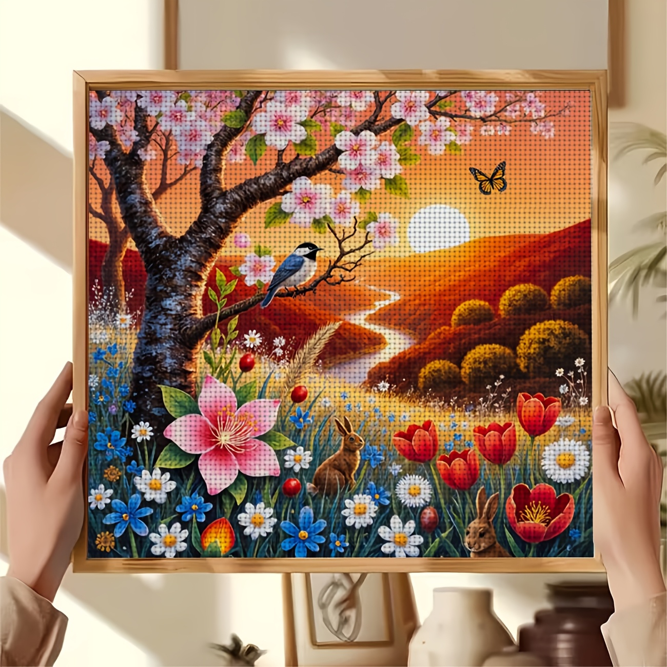 DIY Cross-Stitch Printed Kit with Flower Tree and Birds