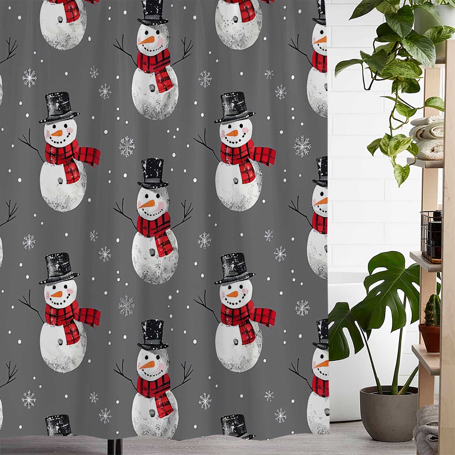 

Vintage Christmas Snowflake Snowman Print Waterproof Shower Curtain With 12 Hooks, Polyester Art-themed Fabric, Water-resistant, Machine Washable With Other Weave Patterns