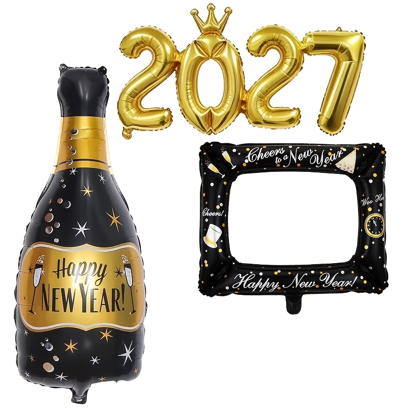 TEMU 3 piezas/juego Negro y Dorado Nuevo Año Botella de Vino Marco de Fotos Corona 2027 Set de Globos para Nochevieja de Decoración Bola de Navidad