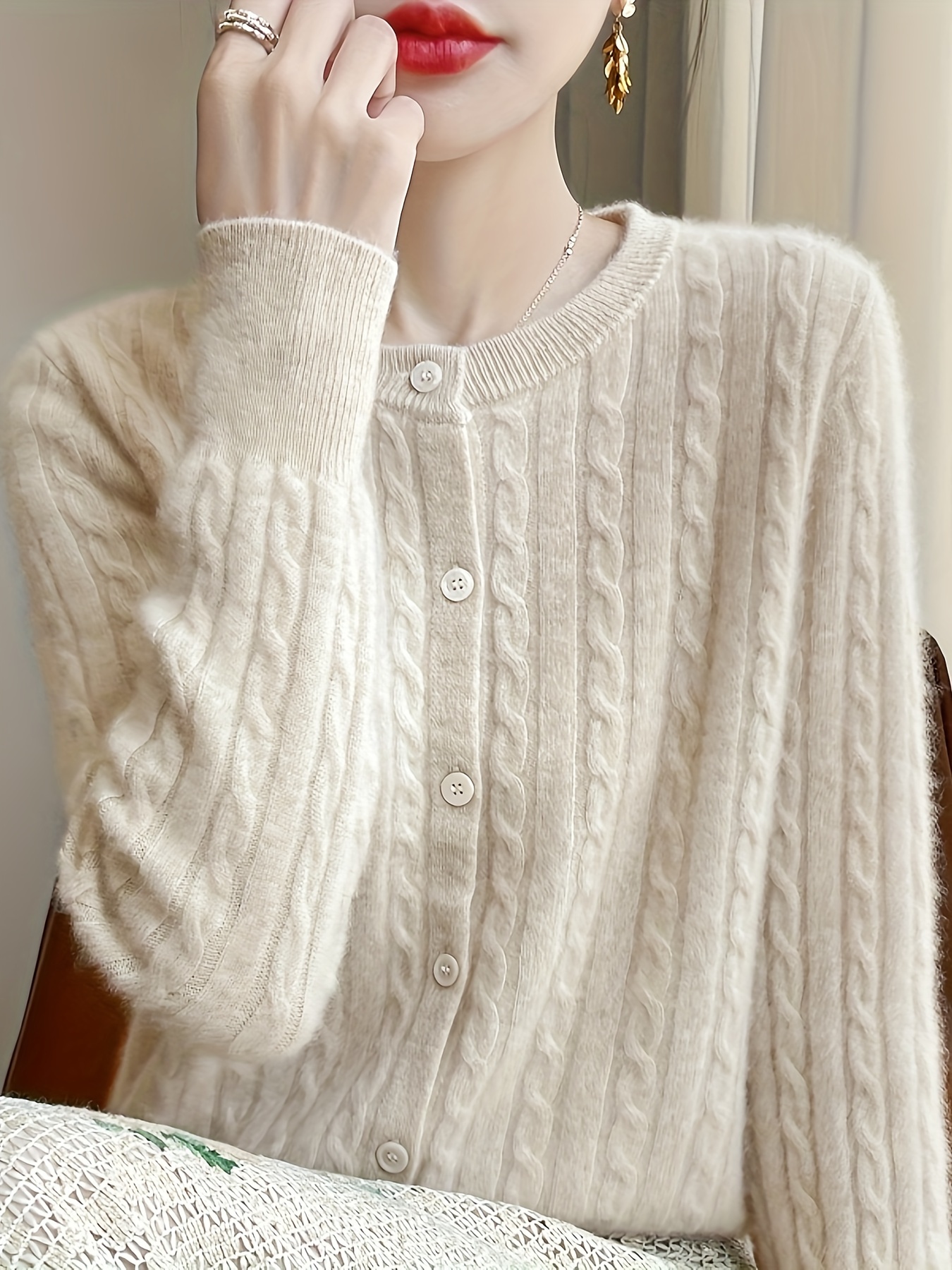New Autumn Winter Versatile Cable Cardigan Women's Solid Color
