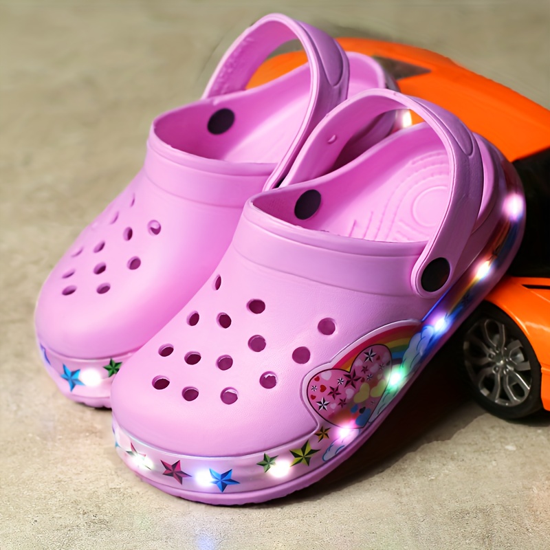 kids glow in the dark clogs breathable eva sports casual shoes non slip beach footwear cartoon pattern slip on closure battery operated for boys girls spring summer fall details 2