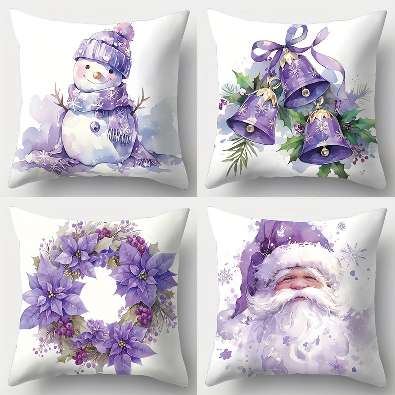 

4-piece Christmas Throw Pillow Covers Set - Contemporary Style With Snowman & Holiday , Purple & , Soft Polyester, Hand Wash, Zippered - Decorative Woven Pillowcases For Living Room