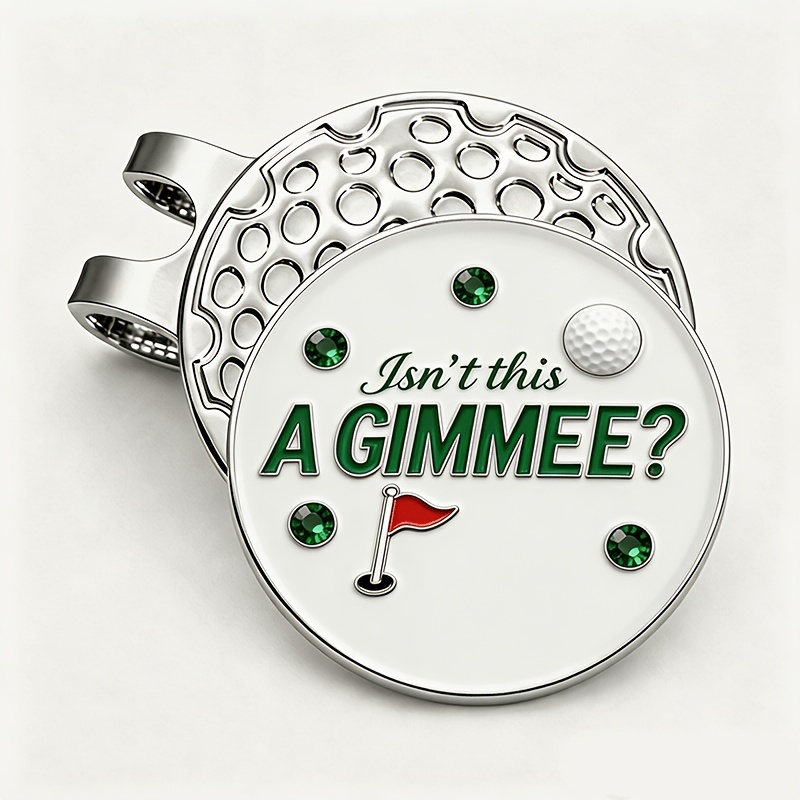 TEMU Golf Ball Marker With Silvery Magnetic Hat Clip - " This A Gimmee?" Design With Green Rhinestones - Durable Metal Novelty Golf Accessory - Funny
