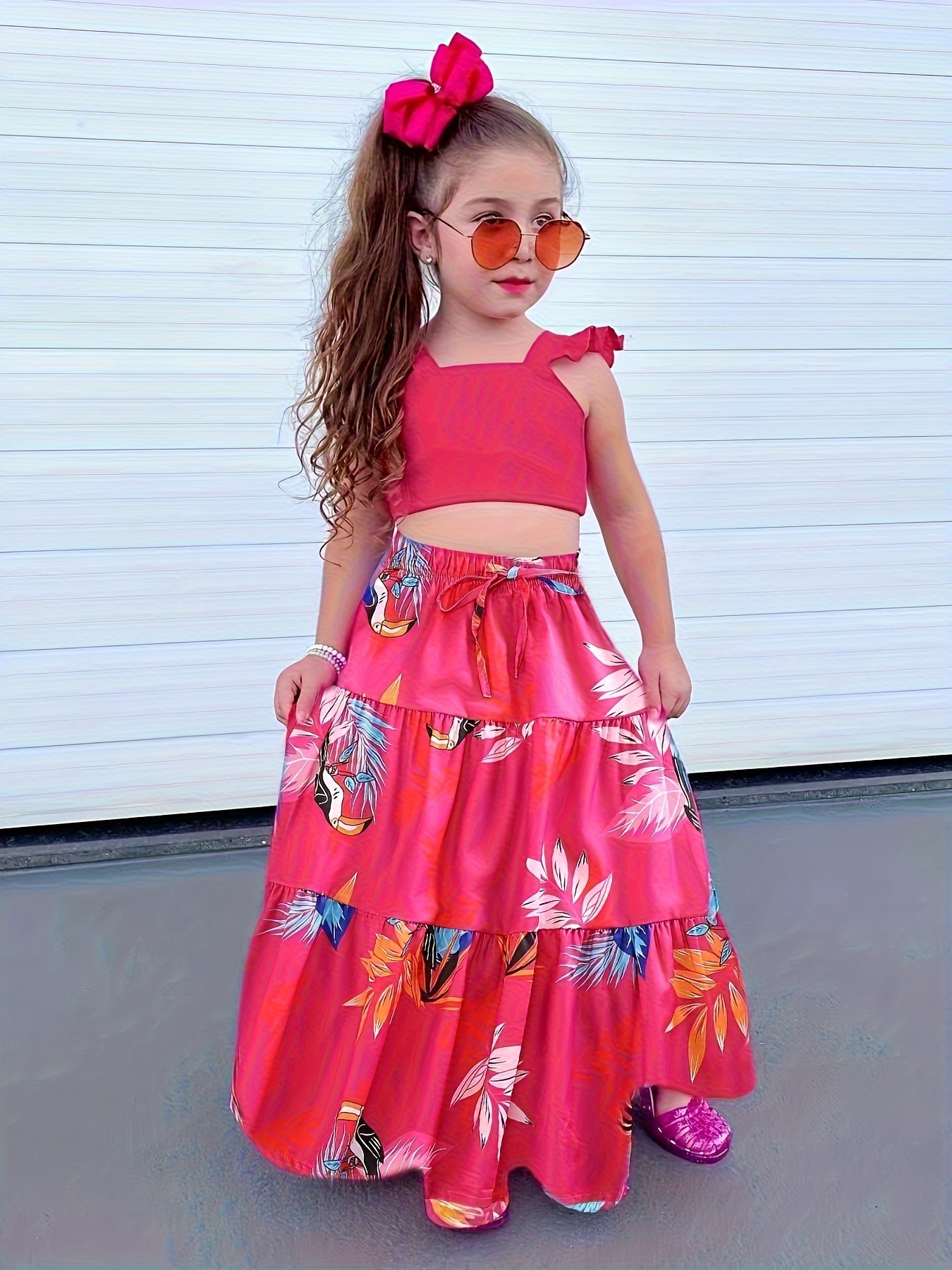 Red Gypsy Flower Skirt Summer Girls' Ruffle Hem Crop Top And Maxi