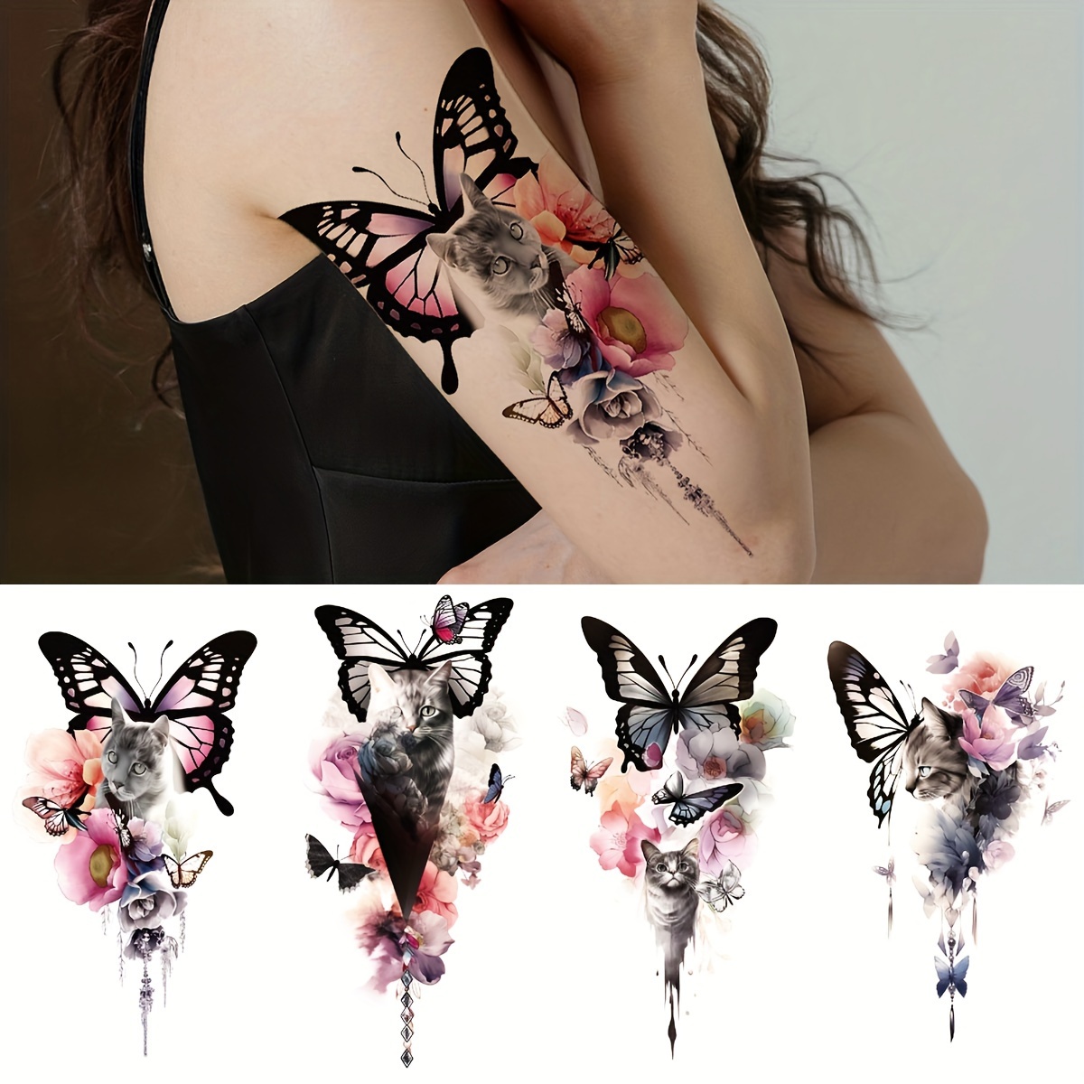 

4pcs Cat Butterfly Blooming Rose Flower Watercolor Painting Style Pattern Temporary Tattoo Stickers, Half Sleeve Body Art Waterproof Tattoo For Women