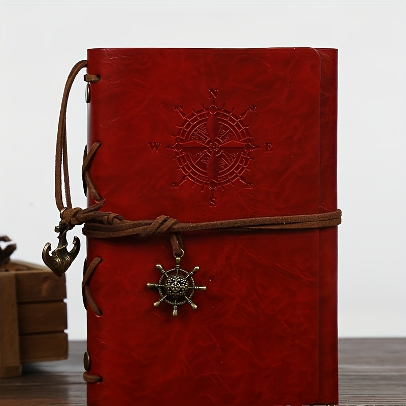 A Vintage Leather Notebook with a Matte Finish - Features an Antique Pirate-Themed Maritime Compass Design, Hardbound Writing Journal with a Metal Clasp And Spiral Binding.