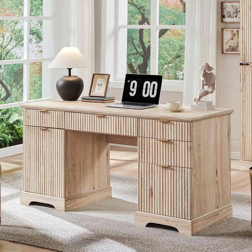58 desk with storage cabinet wooden home office desk with 5 drawers and 1 cabinet grooved computer desk suitable for study living room and bedroom