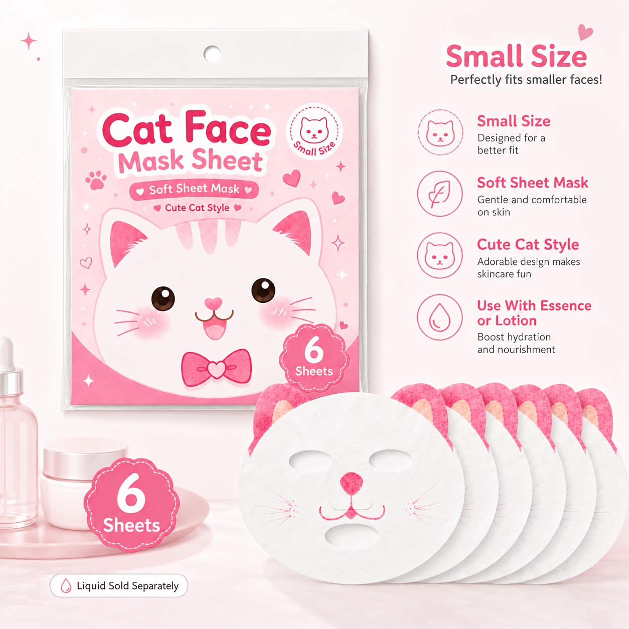 TEMU 6pcs Cute Cat Facial Mask Sheets, Dry Sheet Masks For Use With Serum Or , Small- For Home Spa, Beauty Routine, Self-care Night And Travel