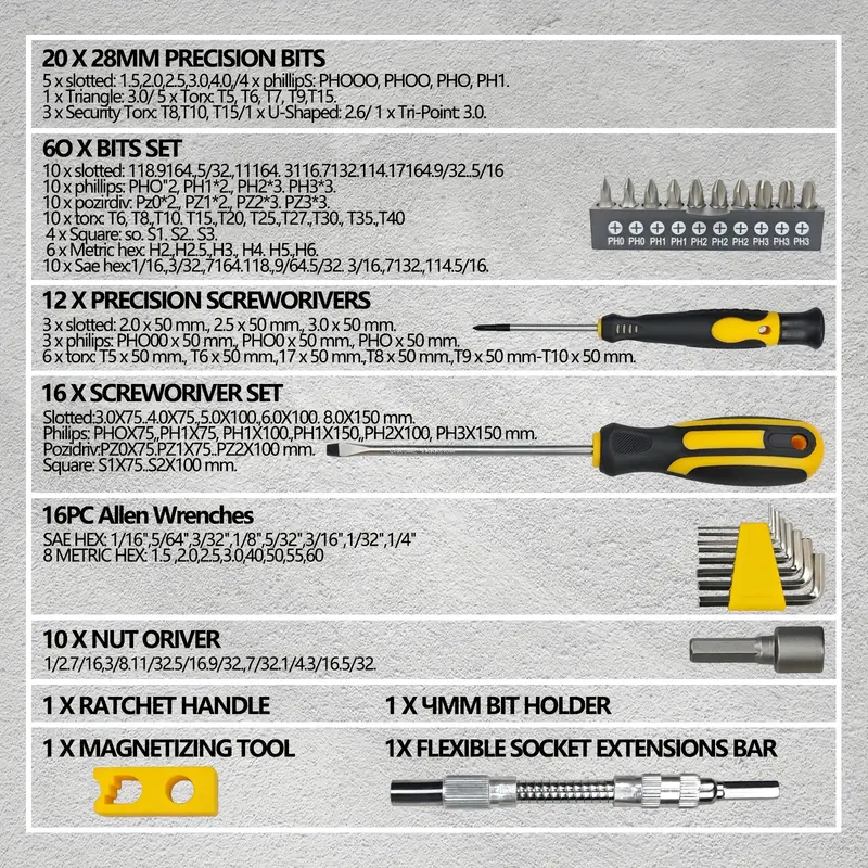 145pcs magnetic screwdrivers set with plastic racking precision screwdrivers key set nut driver and bit set diy tools for men tools gift Product details 1