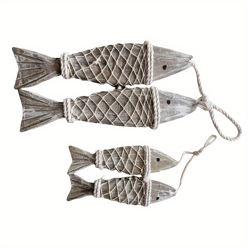 Image of 4pcs/5pcs Rustic Wooden Fishing Decor, Nautical Style Red Blue Statue Hand-carved Fish Duo With Rope, Vintage Nautical Wall Hanging, Coastal Marine-themed Decoration, Photography Props