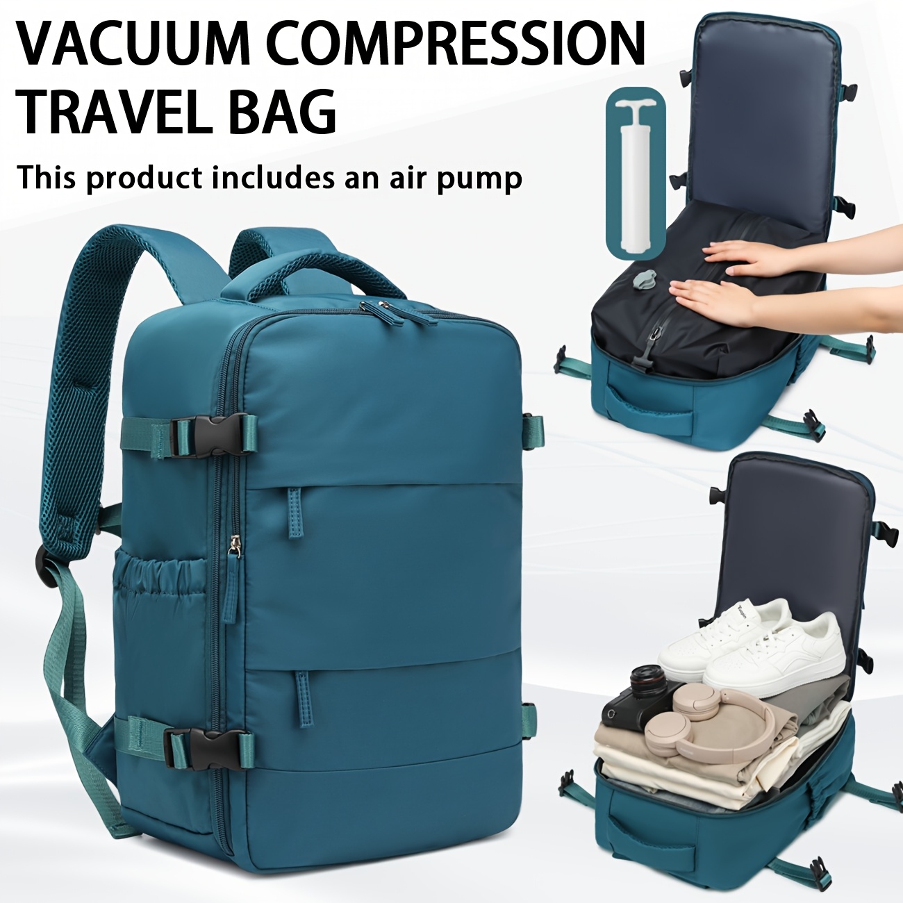item picture vacuum compression backpack airplane approved with vacuum pump combo set large capacity luggage bag multifunctional travel and business bag with adjustable shoulder straps water bottle pocket tablet compartment nylon lining trolley sleeve