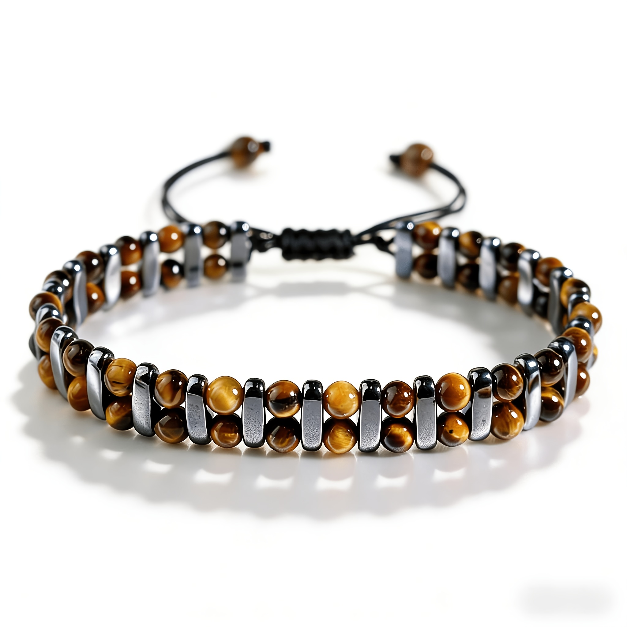 TEMU Handmade Double Row Tiger Bracelet, Adjustable Men's Beaded Wristband, Braided Cord Jewelry For Men Boyfriend, Stylish Birthday Gift Additions