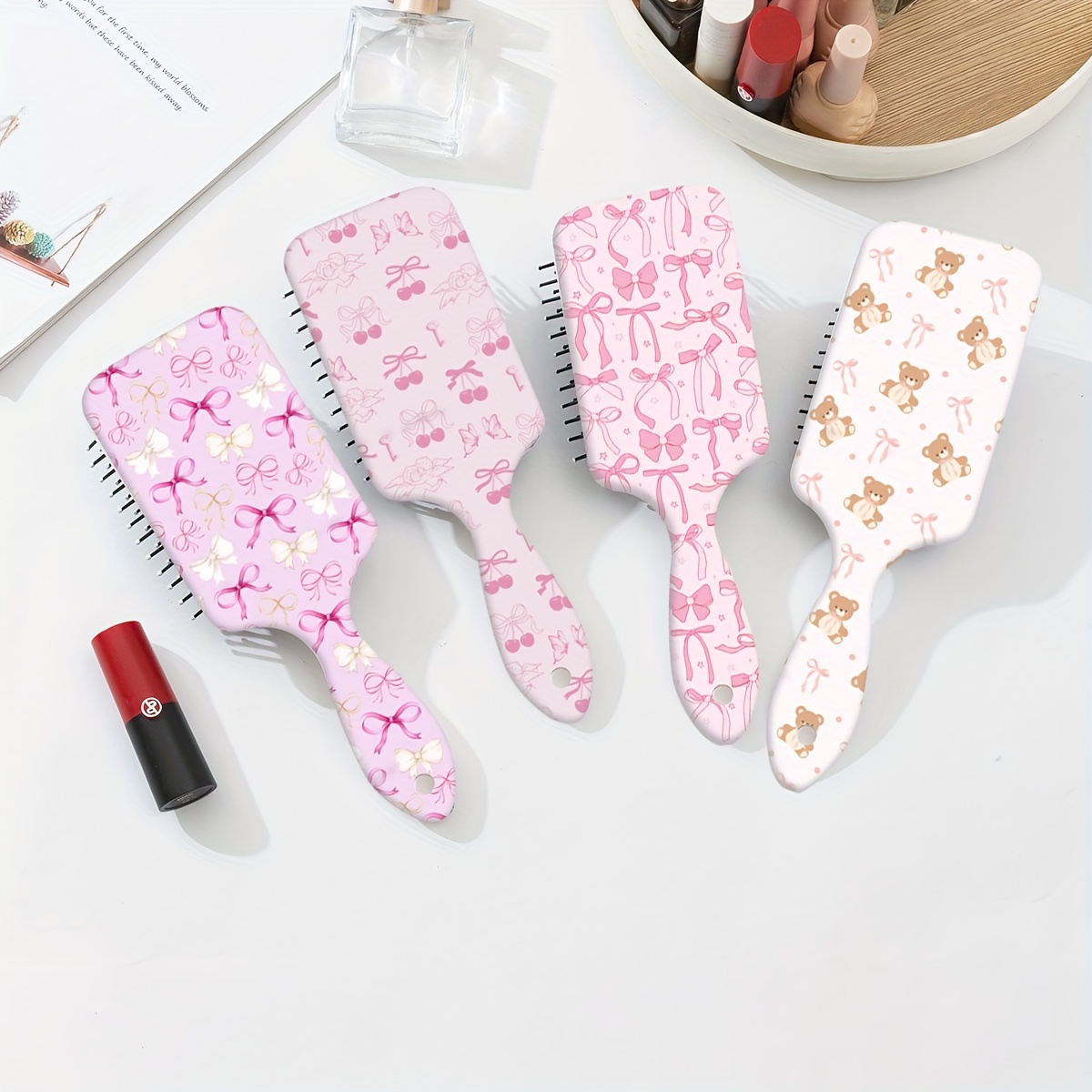 

1pc Large Paddle Hair Brush With Gentle Plastic Bristles - Cute Cartoon & Bow Pattern, Abs Plastic Handle - Portable Massage Cushion Comb For Normal Hair Types