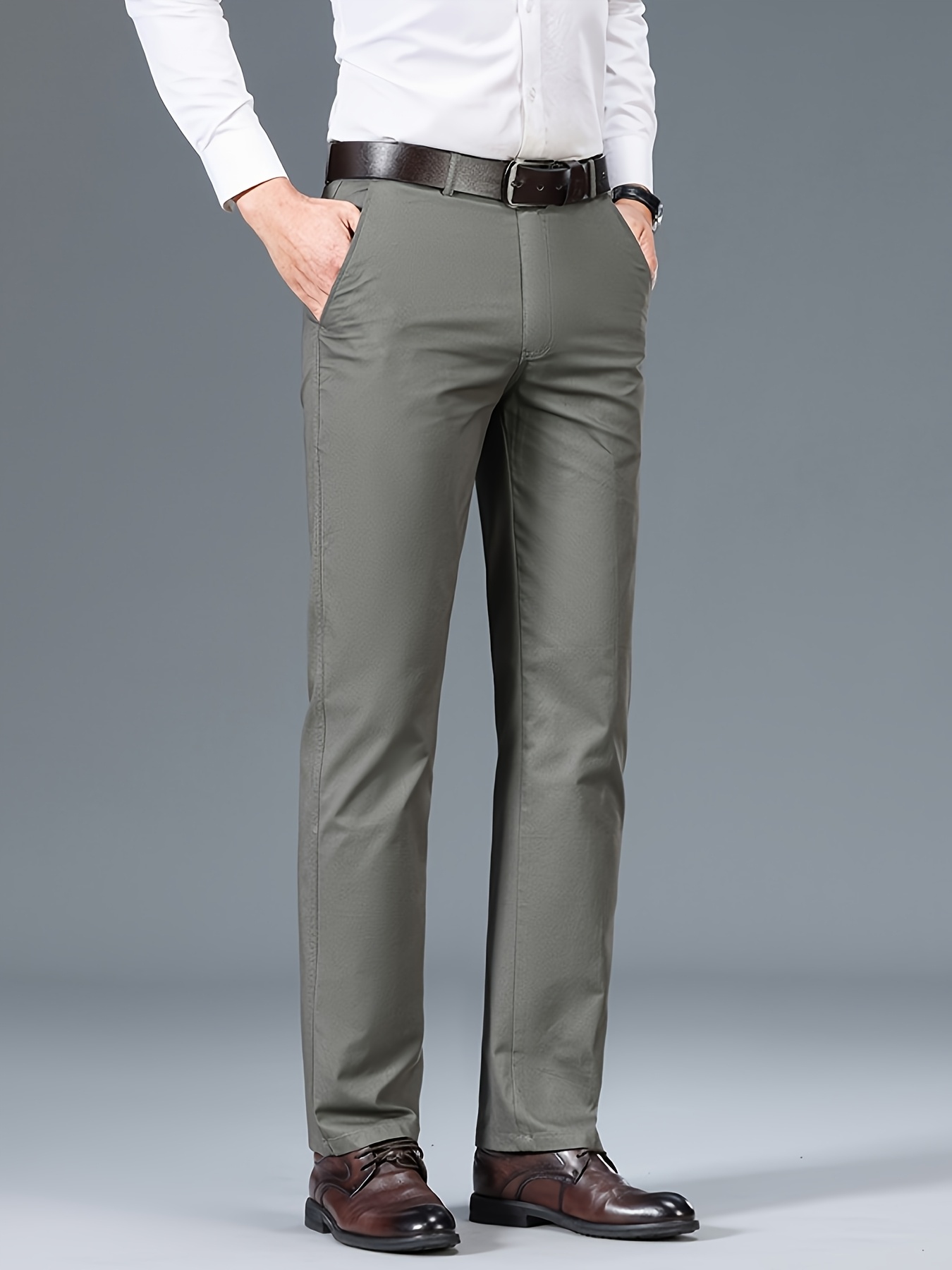 Men's Light Business Cotton Dress Pants - Straight Leg, Olive Green, 100% Cotton, Perfect for Office or Casual Outings