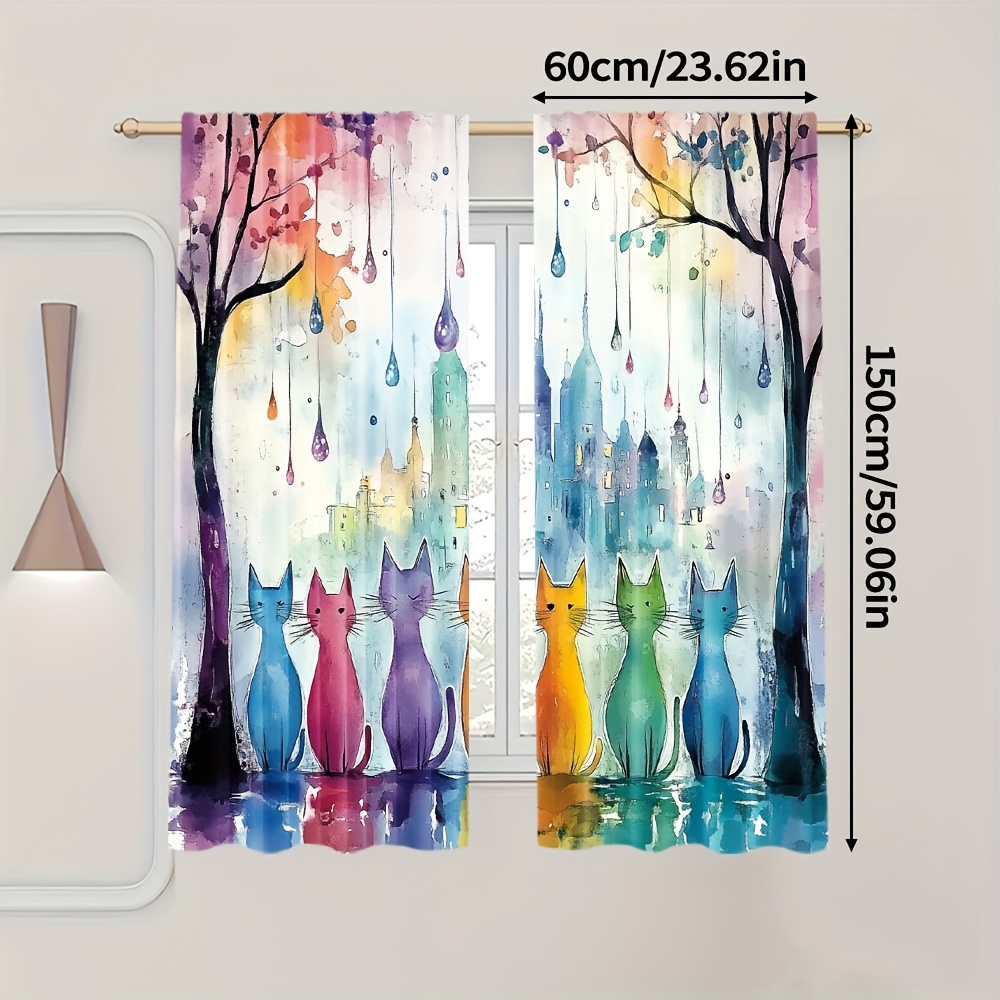 TEMU Set Of 2, Watercolor Cat And Tree Curtains & Drapes Made From Durable 100% Polyester Fabric (does Not Rod, No Movement, No Battery). Features