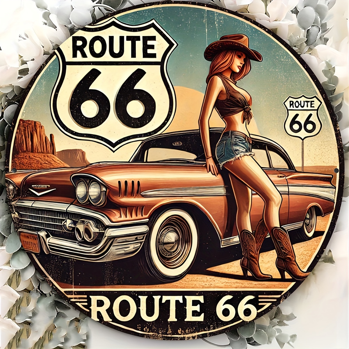 

Route 66 Vintage Metal Sign - 8x8" Round Aluminum With Retro Car & Cowgirl Design, , & Weather-resistant For Home Or Office Decor, Route 66, Vintage, Metal Sign, Retro,