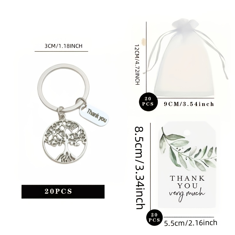 E-shop 60-teiliges Set, Schlüsselanhänger Geschenkset "Baum des Lebens", 20 grüne Blatt "Danke"-Karten, 20 weiße Organzabeutel, 20 hohle