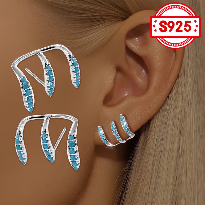 Image of Pair, Women's Fashion Earrings With Three-prong Synthetic Turquoise + Bohemian Style, S925 Silver, Summer Beach Party Everyday Matching Gift, Hypoallergenic