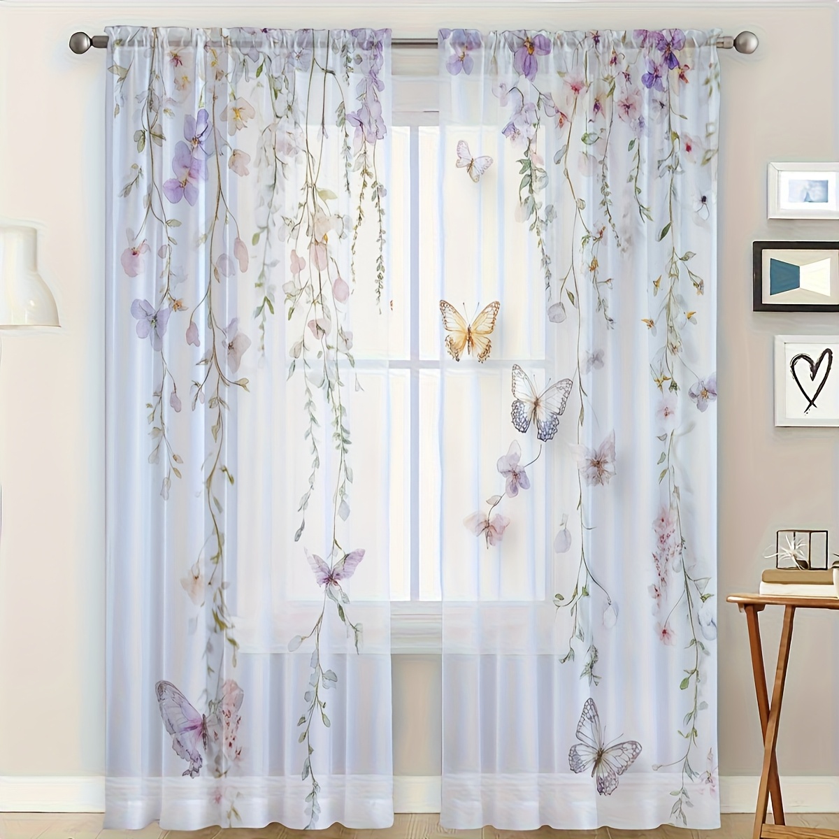 TEMU 2pcs Semi-transparent Curtains, Festive, Gift, Wedding Decoration Window Drapery, Floral Printed Sheer, Style, Decor, Warm And Romantic Window ,