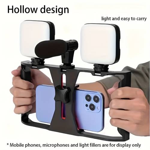 universal handheld smartphone stabilizer with a rotating head mount live streaming microphone holder featuring three cold shoe expansion ports and multiple 1 4 expansion compatible with most phone mounts