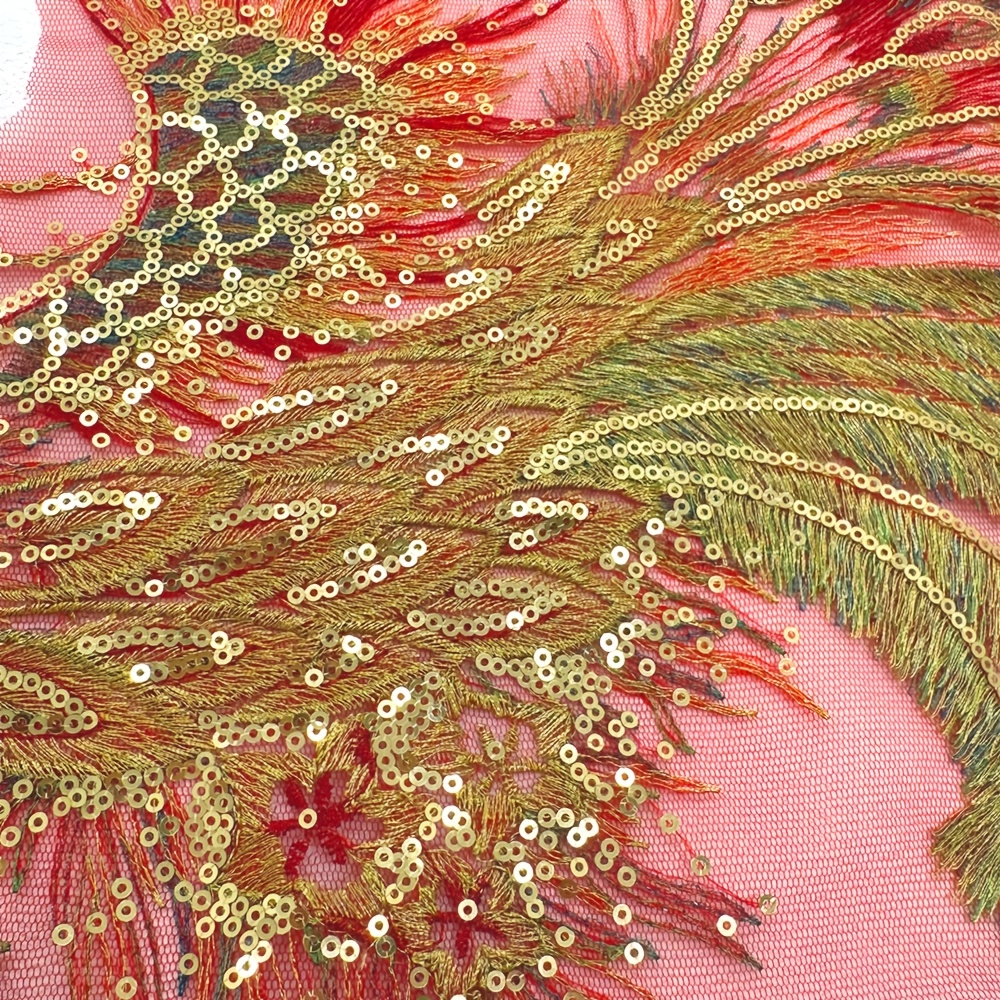 Large Golden Thread Embroidered Phoenix & Peacock Fabric Applique Patch