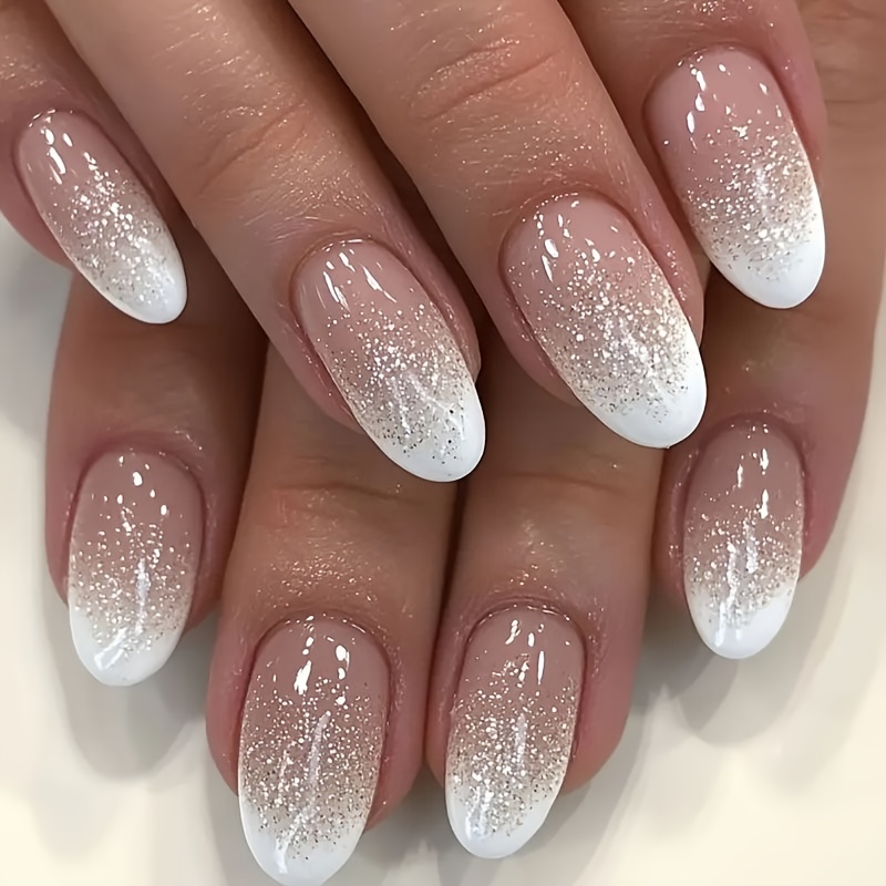 Image of Upgrade Your Look With 24pcs Of Medium-short Women's Nail Art Wearable Nails, White Gradient Glitter Embellished , Glossy Fake Nails, Extended Detachable Nails, With Jelly Glue 1 Nail File 1