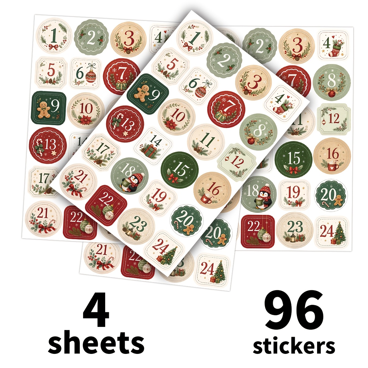 TEMU 96pcs/4Feuilles Autocollants Numérotés Vintage pour Calendrier de l'Avent de Noël, Étiquettes Auto-Adhésives de Compte à Rebours de Noël 1-24