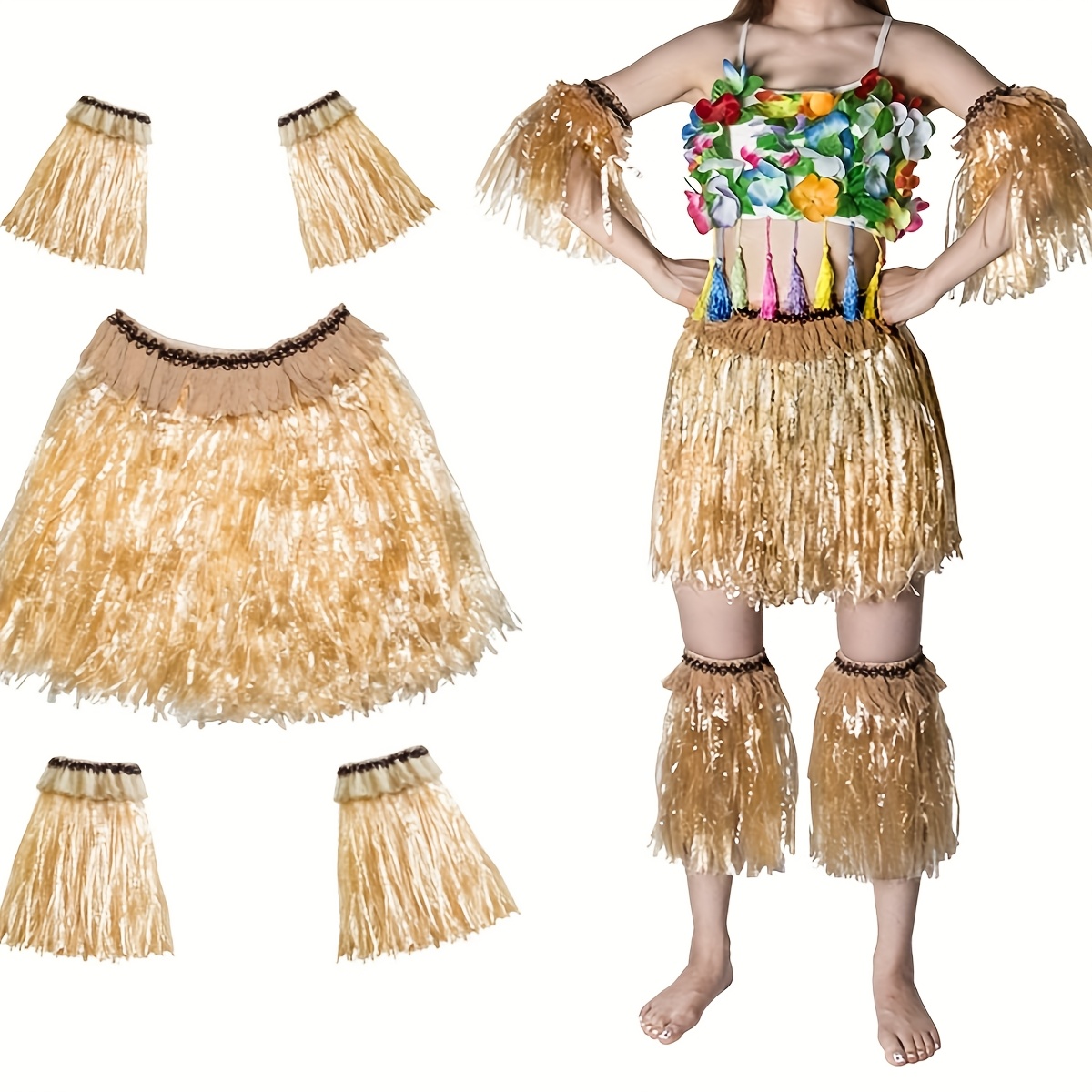 Amosfun Conjunto De Falda De Hierba Hawaiana Bandas Para Brazos Y Piernas Traje Elastico Accesorio Para Fiesta Rendimiento Traje 5pcs Color De Paja