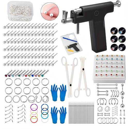 243-teiliges piercing-tool-kit mit pistole, ohrstecker und verschiedenen körperschmuck für bauch, lippe, nase, septum, , knorpel - acryl-material, verschiedene farben