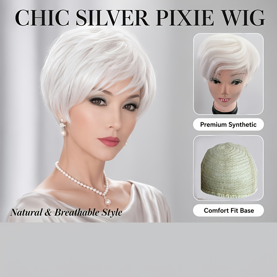 TEMU Perruque XRANB pour femme, 8 pouces, synthétique, courte et bouclée, blanche naturelle, avec frange - Résistante à la chaleur, convient pour les