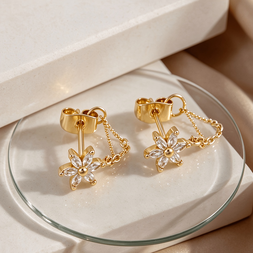 TEMU Ensemble de 2 exquises boucles d'oreilles à clous avec chaîne florale en synthétique, boucles d'oreilles de perçage toutes en un avec chaîne
