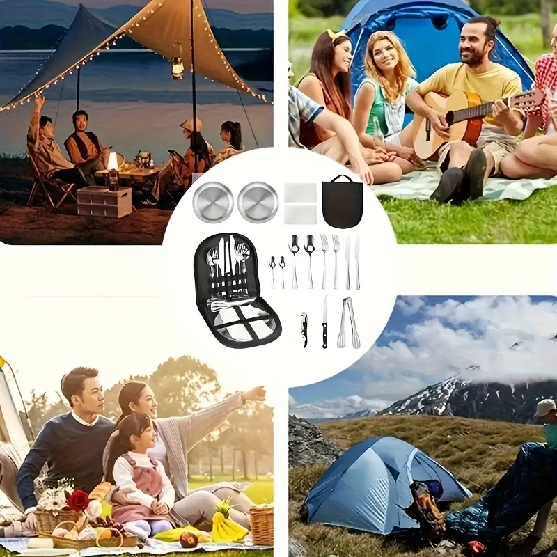 outdoor camping tableware set with box 16pcs stainless steel utensils including dinner knife forks plates soup spoon bottle opener coffee spoon tongs and storage bag reusable and dishwasher safe suitable for outdoor travel picnic camping party meals etc Product details 2
