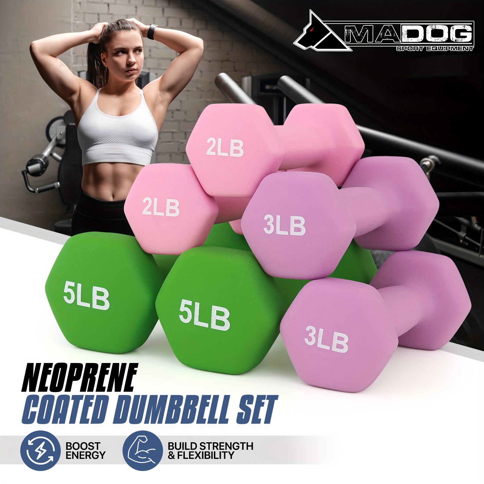 Set of 6 Neoprene Coated Dumbbells Set, Hand Weights Anti-Roll Non-Slip with Smooth Grip